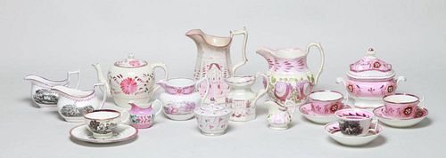 GROUP OF PINK LUSTREWARE TEA AND TABLE ARTICLES