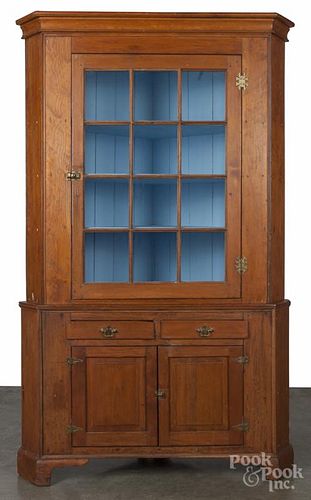 Pine two-part corner cupboard, early 19th c., 81'' h., 47 1/2'' w.