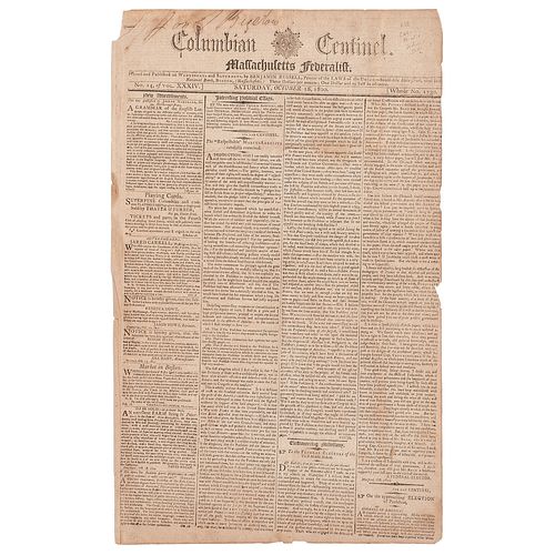 [SLAVERY & ABOLITION]. Enslaved blacksmith Gabriel Prosser's capture, trial, and sentence covered in 2 issues of the Columbian Centinel.  1800. 
