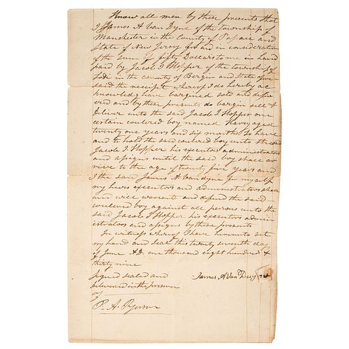 [SLAVERY & ABOLITION]. Bill of sale for enslaved man, "Harry," New Jersey, 27 June 1839. 