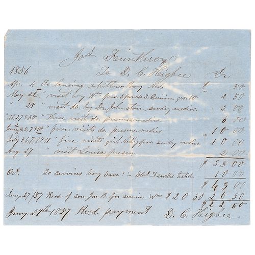 [SLAVERY & ABOLITION]. Handwritten medical bill for the treatment of enslaved persons, 1856. 