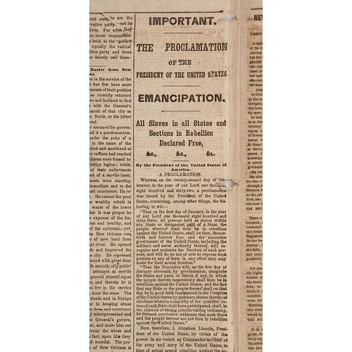 [SLAVERY & ABOLITION] -- [EMANCIPATION PROCLAMATION]. New York Herald. Whole No. 9607. New York: [James Gordon Bennett], 3 January 1863. 