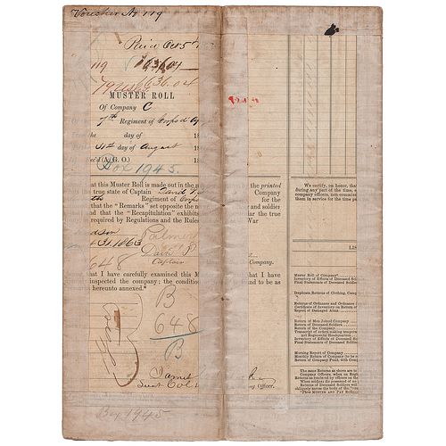 [CIVIL WAR]. Muster roll for the 7th Corps D'Afrique, Company C. Port Hudson, LA, 1 September 1863.  