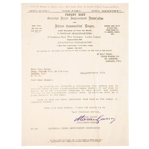 GARVEY, Marcus (1887-1940). Typed letter to Miss Edna Grear with stamp signature of Marcus Garvey. N.p., 30 September 1929. One page, 8 x 10.75 in., o