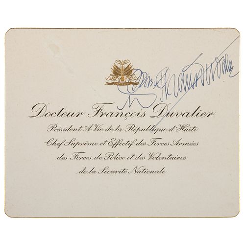 DUVALIER, François "Papa Doc" (1907-1971). Printed presidential calling card, signed ("Dr. Francois Duvalier"), [ca 1957-1971]. 