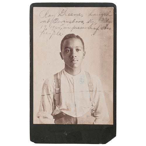 [CRIME & PUNISHMENT]. Cabinet card of Roy Green, 17-year-old African American convicted of murder and executed at Owensboro, KY. N.p., 17 February 190