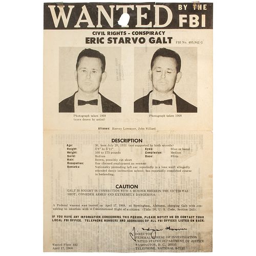 [KING, Martin Luther, Jr. (1929-1968)] -- [RAY, James Earl (1928-1998)]. Wanted by the FBI: Civil Rights - Conspiracy: Eric Starvo Galt. Washington, D