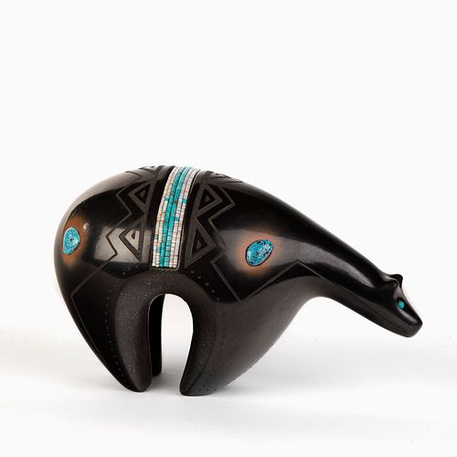 San Ildefonso, Russell Sanchez, Blackware Bear with Turquoise and Heishi