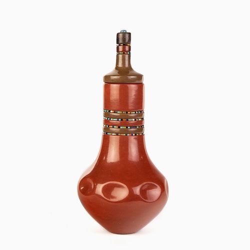 San Ildefonso, Russell Sanchez, Long Neck Redware Gourd Jar with Lid