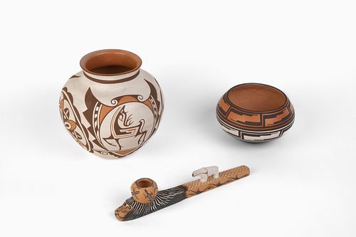 A Group of Four Contemporary Zuni Pottery Items