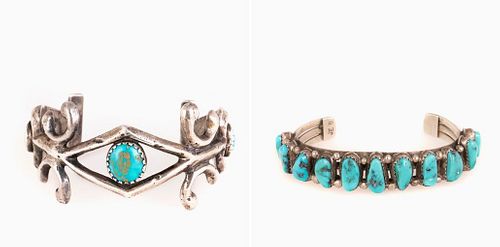 Two Navajo Silver and Turquoise Cuff Bracelets, ca. 1940-1960