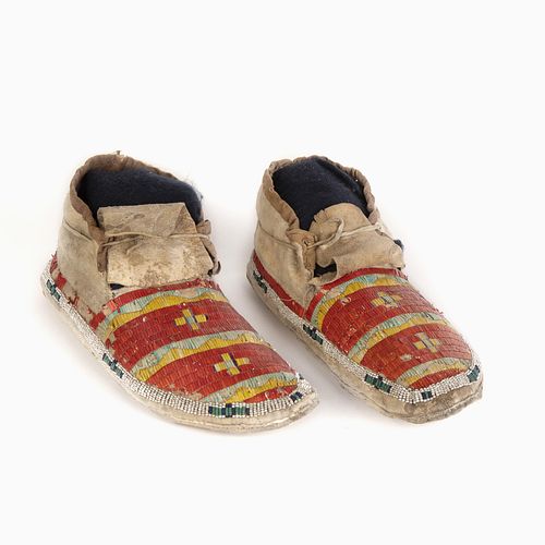A Pair of Sioux Quilled and Beaded Hide Moccasins, ca. 1890
