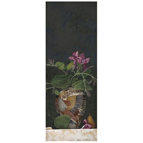 ORIS ROBERTSON, Jarrón con orquídeas, Signed and dated 1986, Acrylic on canvas, 41.3 x 15.7" (105 x 40 cm), Certificate