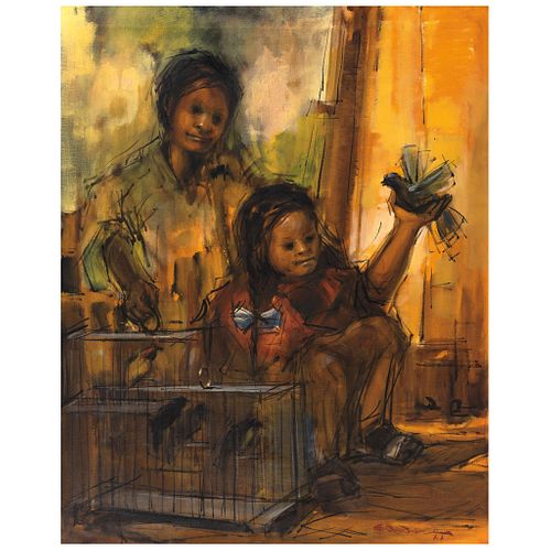 ENRIQUE SÁNCHEZ, Niños y pájaros, Signed and dated 67 on front, Signed and dated Mex 67 on back, Oil on canvas, 39.5 x 31.4" (100.5 x 80 cm)