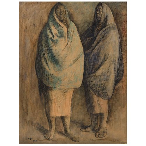FRANCISCO ZÚÑIGA, Dos mujeres de pie, Signed and dated 1965, Charcoal, crayon, and watercolor on paper, 25.3 x 19.2" (64.5 x 49 cm), Certificate