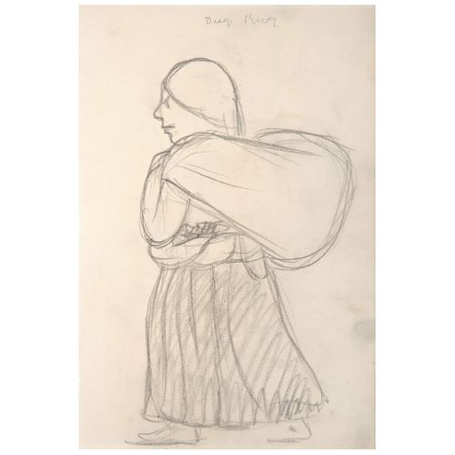 DIEGO RIVERA, Mujer cargando, Signed, Graphite pencil on paper, 9.2 x 5.9" (23.5 x 15 cm)