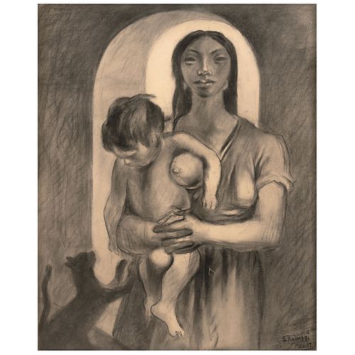 SANTOS BALMORI, Untitled, from the series Mujer, niño y gato, Signed and dated Mex 82, Charcoal on paper, 35.4 x 27.5" (90 x 70 cm)