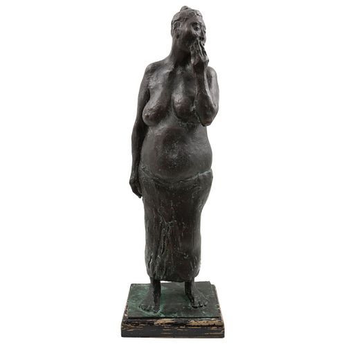 FRANCISCO ZÚÑIGA, Mujer con la mano en la cara, Signed and dated 1980, Bronze sculpture VI/VI wooden base, 26.7 x 7 x 5.9" (68x18x15 cm), Certificate