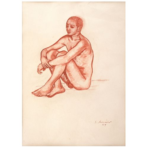 JUAN SORIANO, Desnudo de un hombre sentado, Signed and dated 69, Sanguine on paper, 24.8 x 17.7" (63 x 45 cm), Certificate
