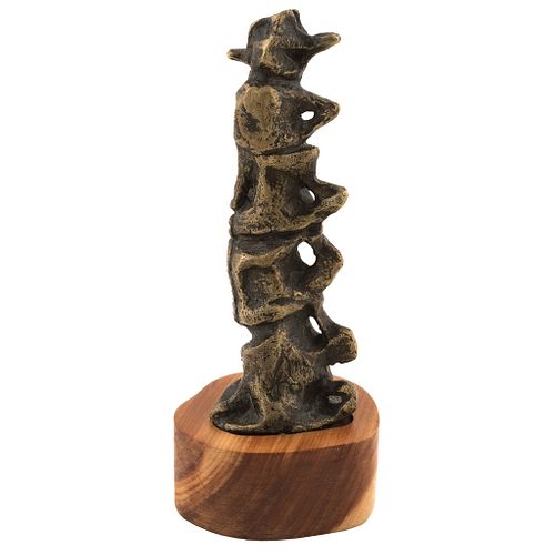 VÍCTOR CHA'CA, Columna vertebral, Unsigned, Bronze sculpture with wooden base, 5.9 x 2.1 x 2.5" (15 x 5.5 x 6.5 cm), RECOVERY PRICE