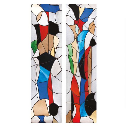 LUIS LÓPEZ LOZA, Untitled, Signed and dated 1989, Stained glass windows as a door, wooden frames, 91.3 x 27.5 x 2.5" (232 x 70 x 6.5 cm) each, Certifi