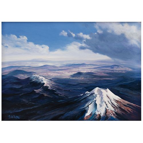 JESÚS AGUSTÍN CASTRO, Vista aérea de los volcanes, Signed, Oil on canvas, 19.6 x 27.5" (50 x 70 cm)