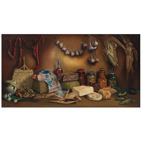 ALFONSO TIRADO, Ajos colgados, Signed, Oil on canvas, 31.6 x 59" (80.5 x 150 cm)