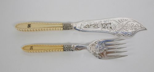 Victorian Engraved Silver Plate and Carved Bone Handle Fish Servers, circa 1880