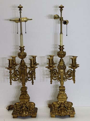 Antique Pair Of Gilt Bronze Candelabra As Lamps.