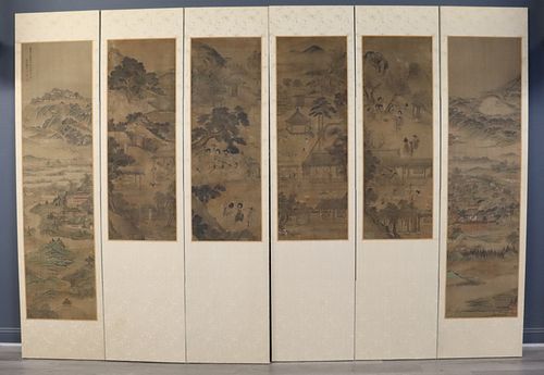 6 Panel Chinese Screen with Paintings on Silk.