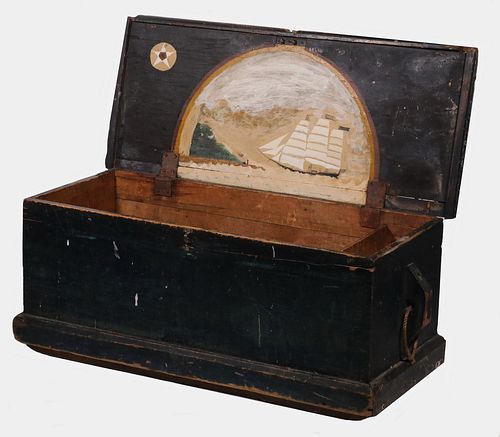 SEA CHEST WITH SHIP PAINTED INTERIOR