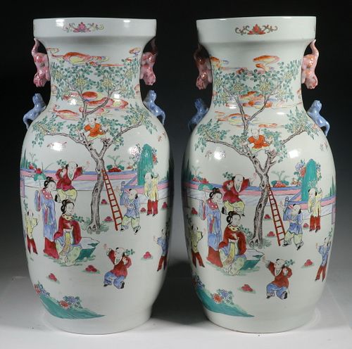 PR OF CHINESE ROULLEAU FLOOR VASES WITH GENRE SCENE