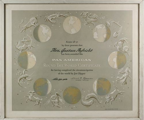 SCARCE PAN AMERICAN AROUND THE WORLD CERTIFICATE, FRAMED