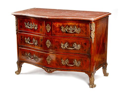 A Regence Gilt Bronze Mounted Parquetry Marble-Top Commode