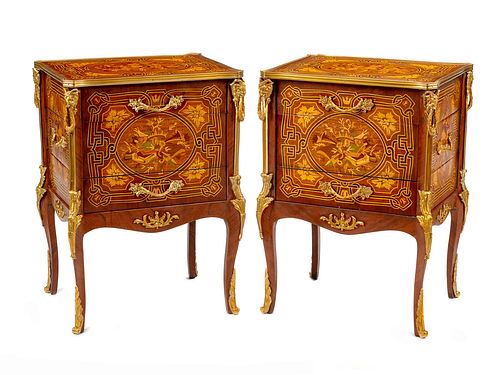 A Pair of Louis XV Style Gilt Bronze Mounted Marquetry Small Commodes