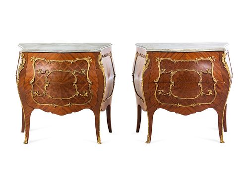 A Pair of Louis XV Style Gilt Bronze Mounted Marble-Top Bombe Commodes