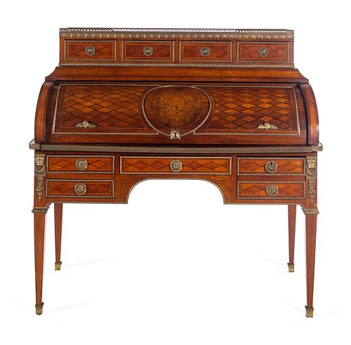 A Louis XVI Style Gilt Bronze Mounted Parquetry Bureau a Cylindre