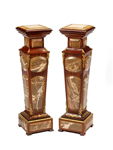 A Pair of Louis XVI Style Gilt Bronze Mounted Marble Pedestals