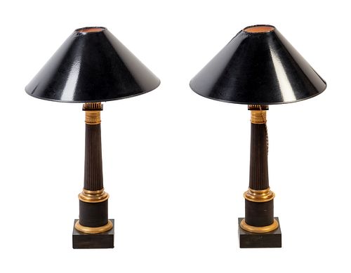 A Pair of Empire Gilt and Patinated Bronze Oil Lamps Converted to Electricity