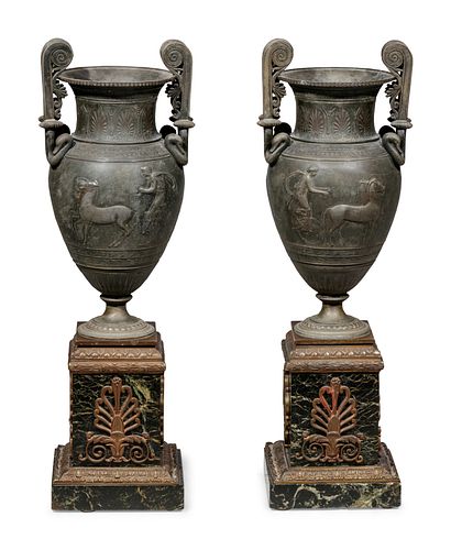 A Pair of Empire Style Patinated Metal and Marble Urns