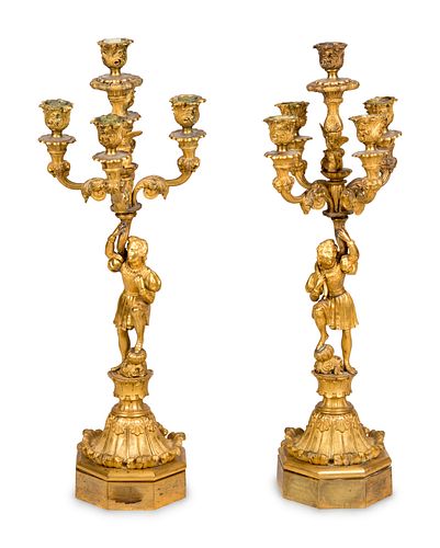 A Pair of Louis Philippe Gilt Bronze Five-Light Figural Candelabra