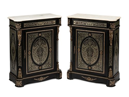 A Pair of Napoleon III Style Pewter Inlaid Marble-Top Cabinets