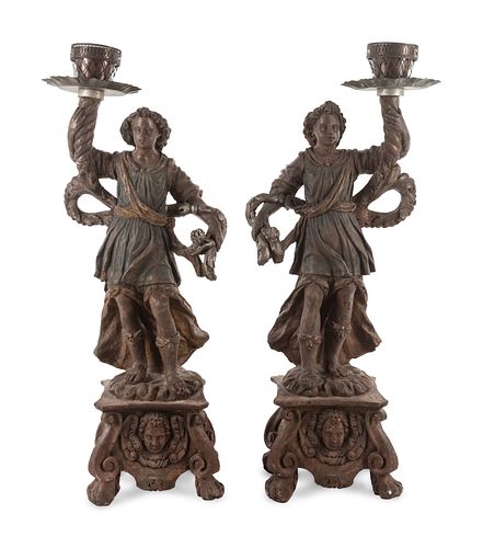 Two Neapolitan Carved and Painted Figural Pricket Sticks