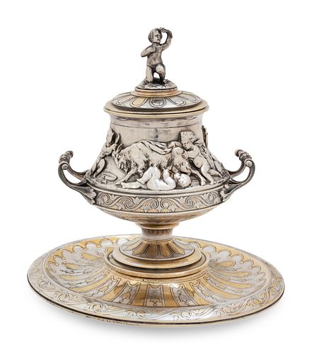 A Christofle Silver-Plate and Parcel Gilt Covered Jar and Underplate
