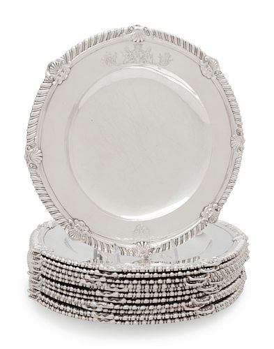 A Set of Twelve George II Silver Dinner Plates Engraved for the Countess of Brandon, County Kilkenny