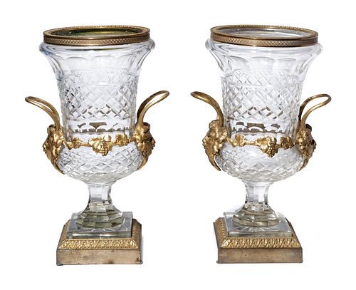 A Pair of George IV Gilt Bronze Mounted Cut Glass Urns