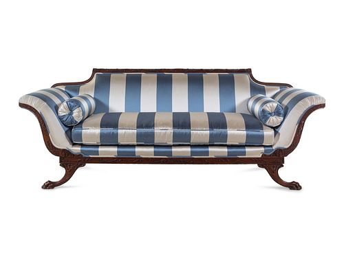 A Regency Style Scalamandre Satin Upholstered Sofa