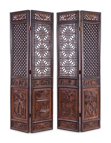 A Chinese Carved Hardwood Four-Panel Floor Screen