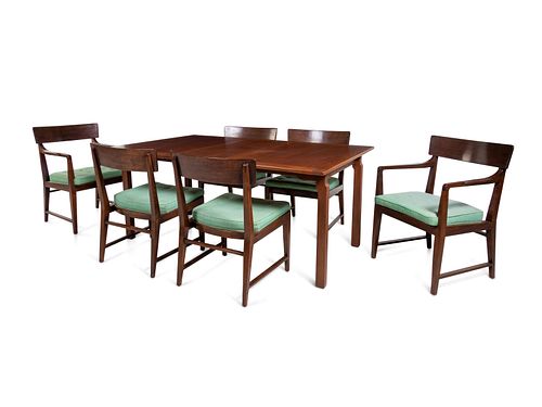 Edward Wormley
(American, 1907-1995)
Dining Suite,comprising a dining table with three leaves and a set of six dining chairs,Dunbar, USA