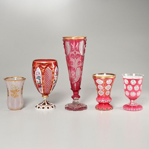 Elegant group pink Bohemian glass vases